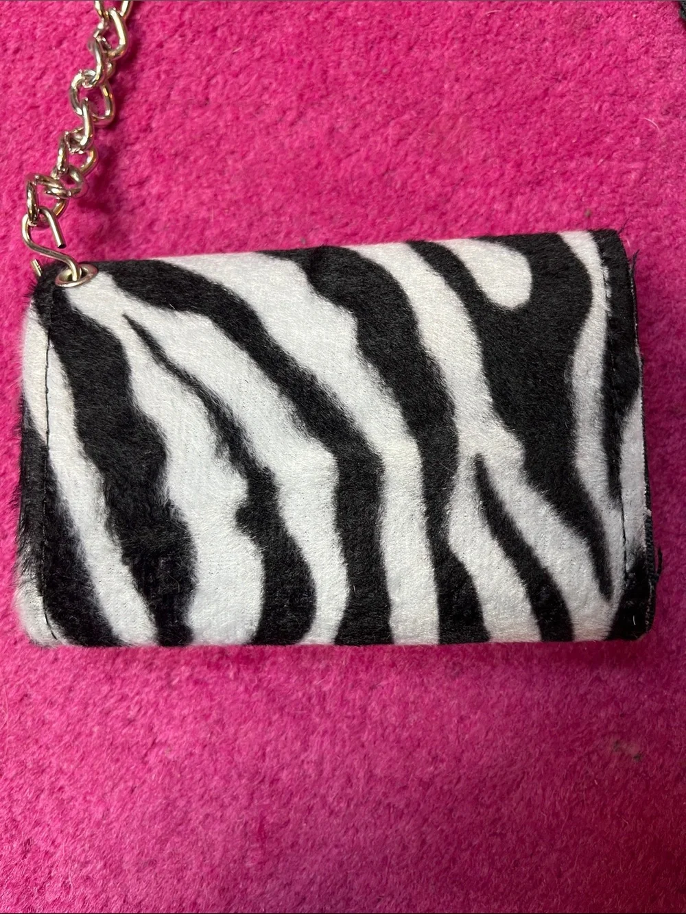 Y2K Goth fuzzy zebra print + black vinyl chain wallet